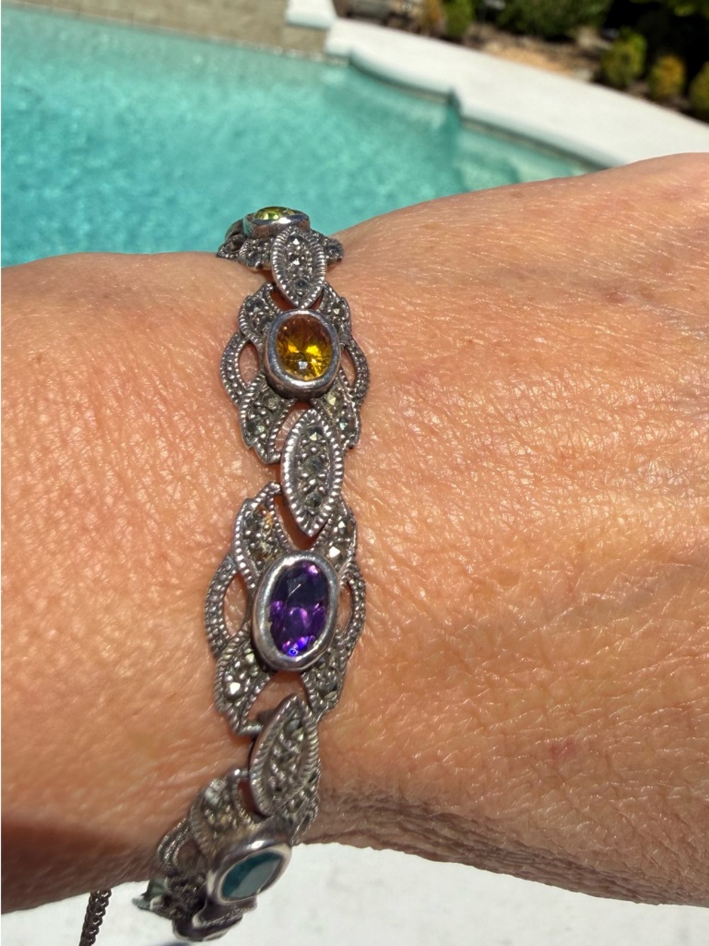 Vintage 925 Silver Marcasite Multi Gemstone Bracelet Amethyst Citrine Art Deco